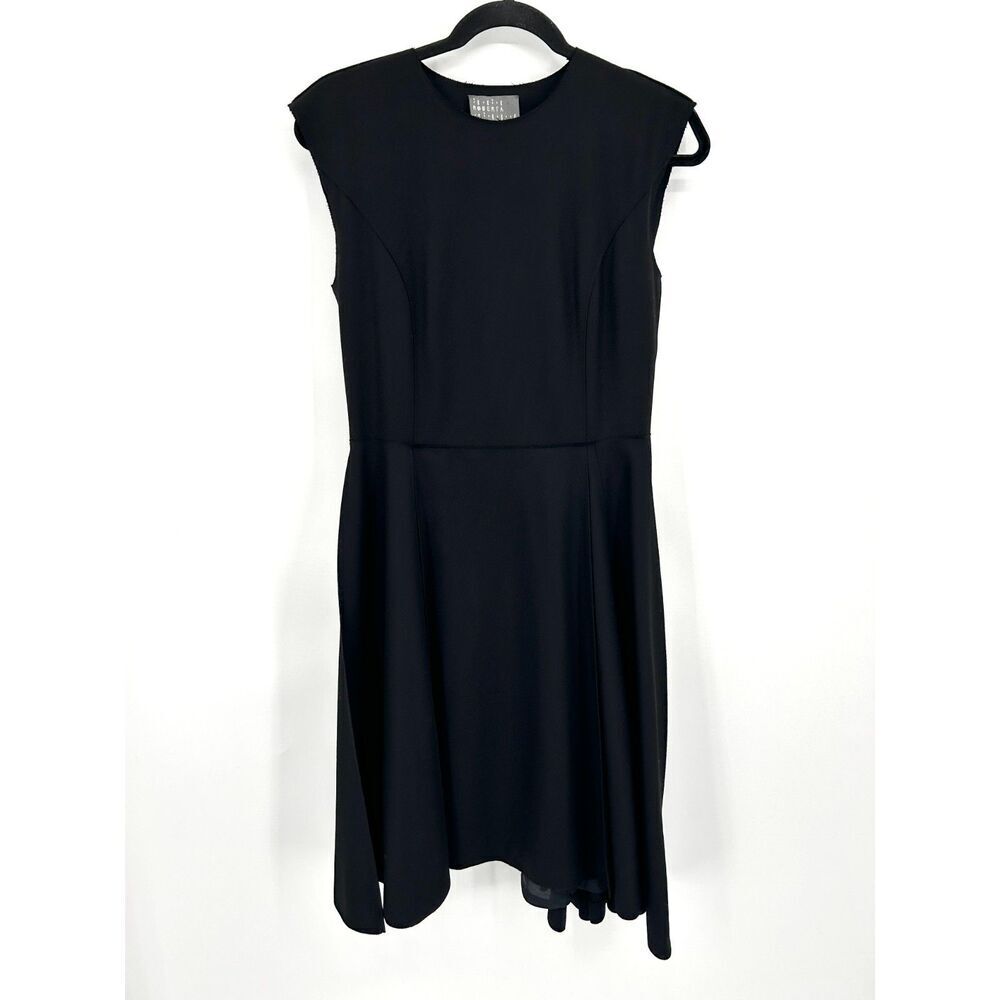 ROBERTA FURLANETTO Black Wool Fit & Flare Pleated Cap Sleeve Midi Dress Medium